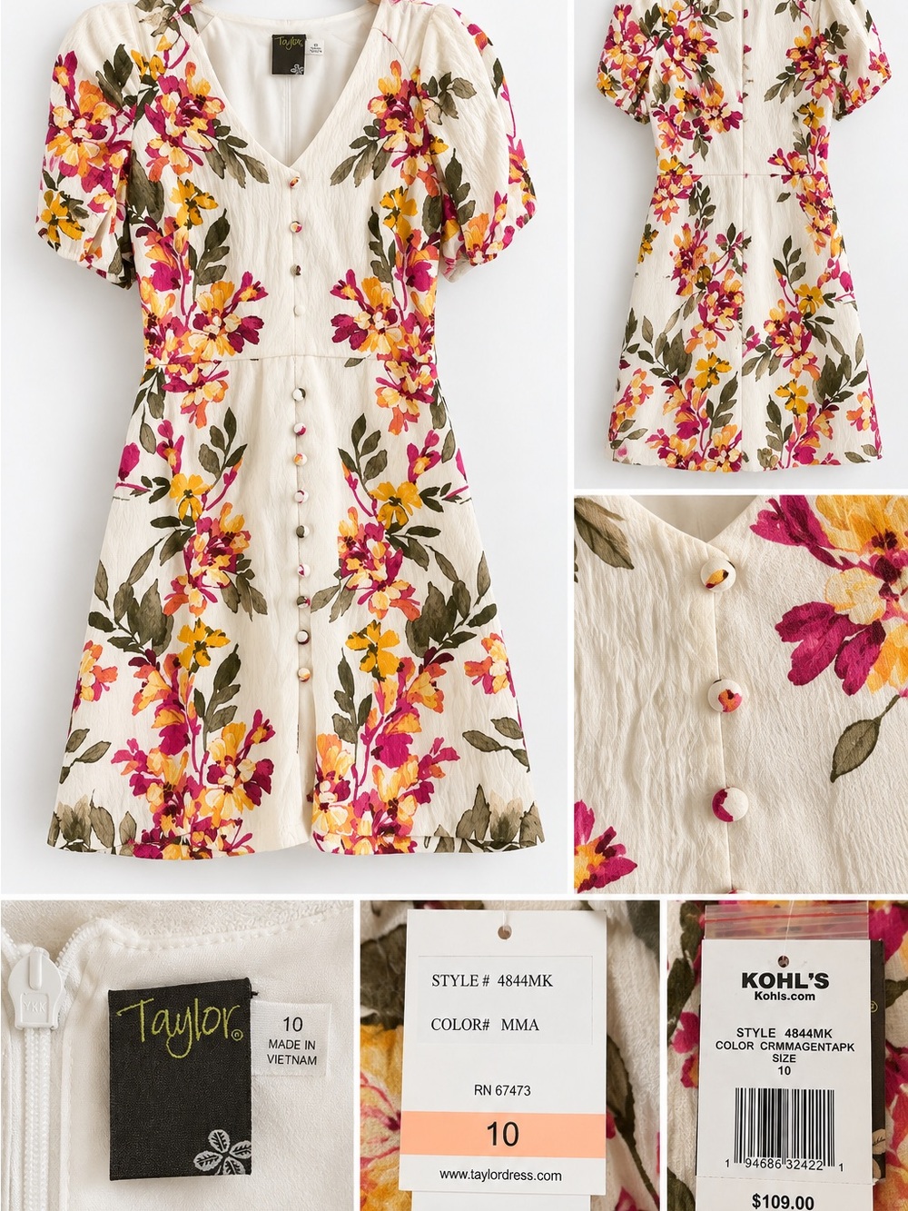 Taylor Cream Floral Button-Front Puff Sleeve Dress with Pink and Yellow Blooms